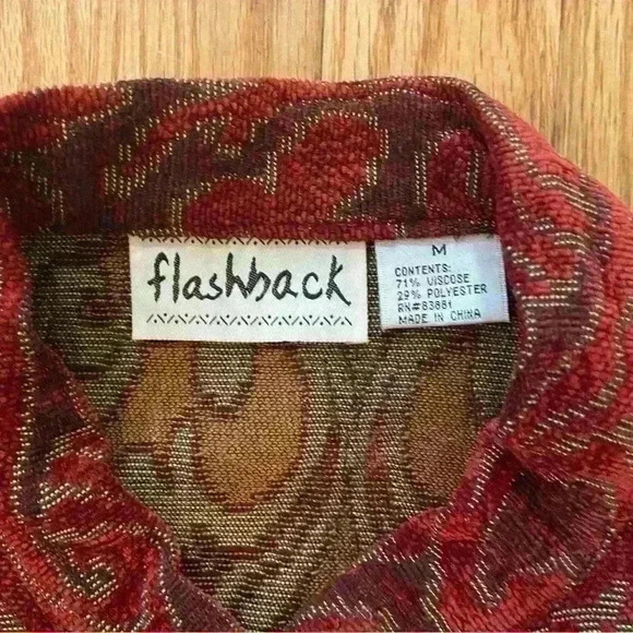 Vintage 90s Flashback Tapestry Jacket Red Burgundy Wooden Size M Button Detail - Picture 7 of 10